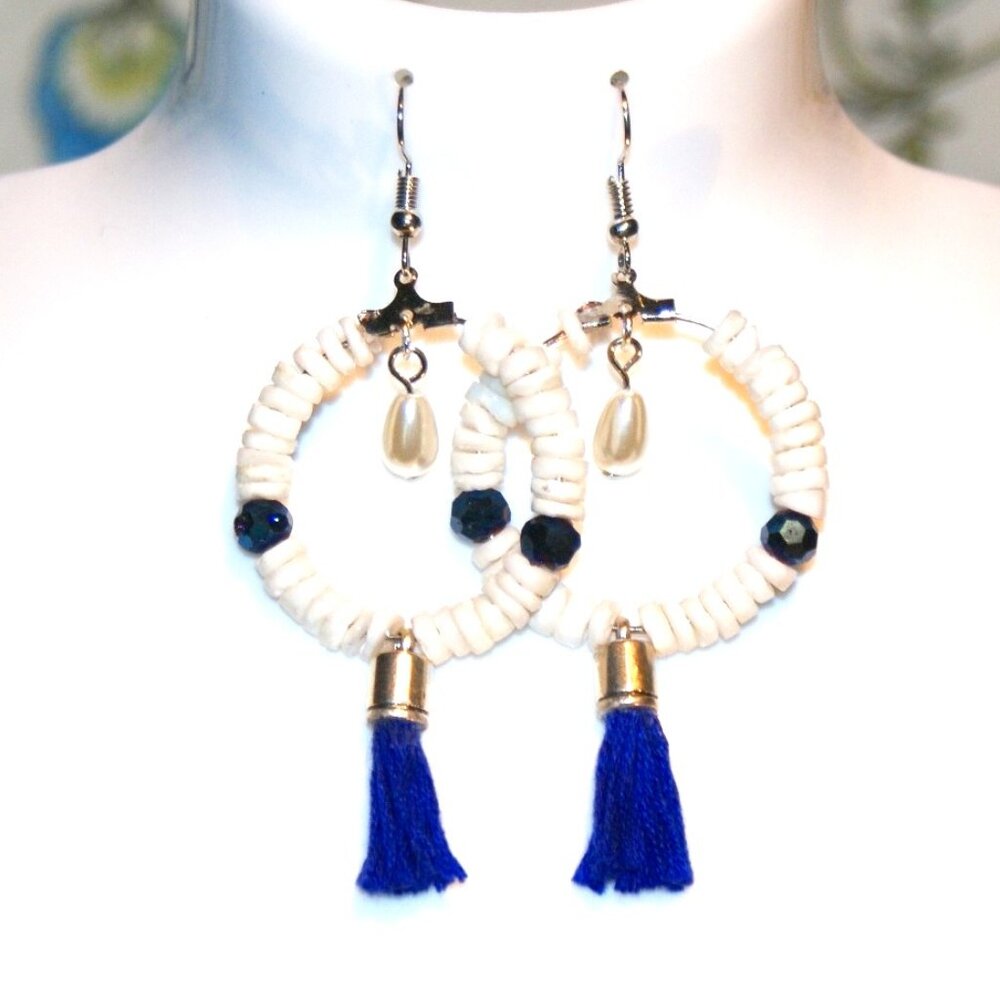 Beaded hoop earrings featuring lava beads and handmade blue tassels ED-10-016